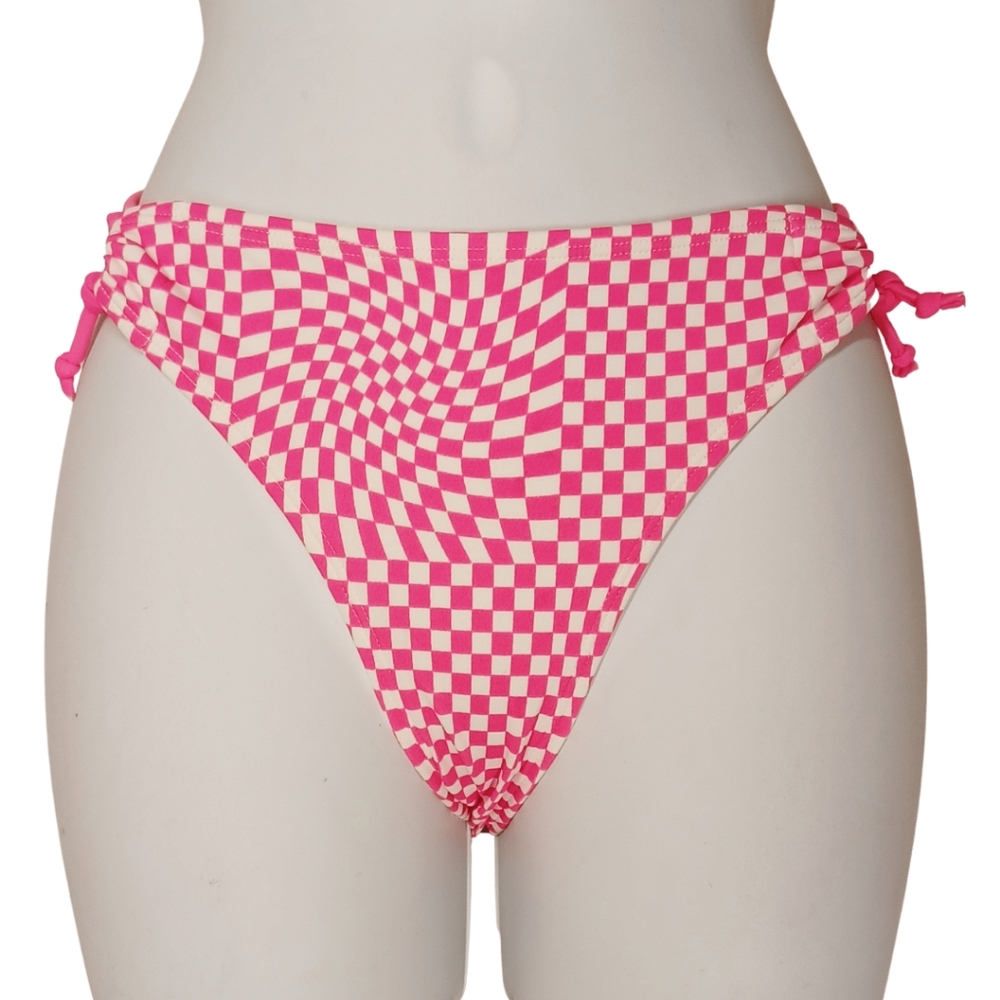 NEW ARIZONA Jean Company Pink White Checker Plaid Print Bikini Bottom Medium